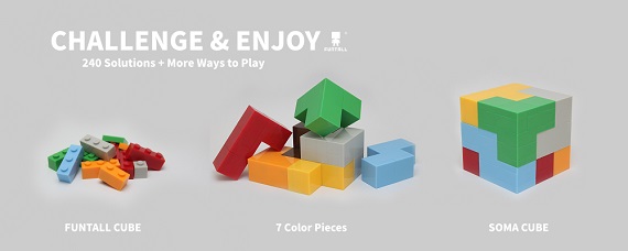 本圖中顯示如何用方頭積木組成索瑪方塊, 索碼立方塊的樂趣不只有組裝! With several steps, we can enjoy the assembly and the challenge of Funtall soma cube the maze toy.