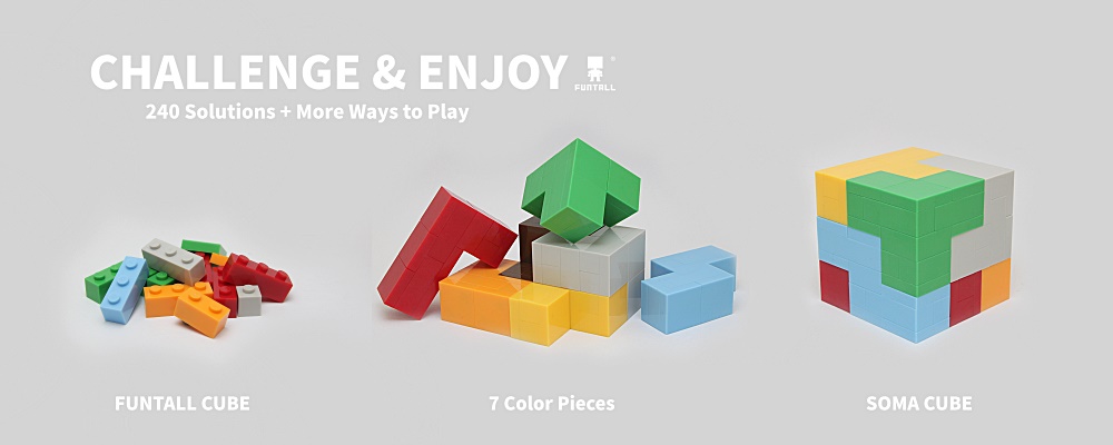 採用我們的方頭積木來組成七個玩具積木，並且拼成240種方塊組合! By applying our Funtall Cube, you can create seven Soma Cube toy parts and challenge the 240 solutions.