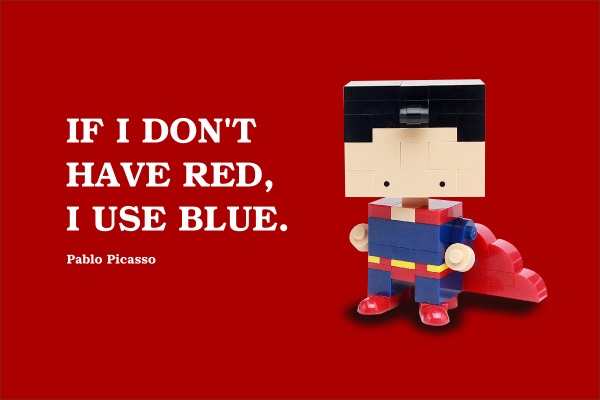 方頭公仔英雄人物都愛穿著紅與藍 funtall super fist quote about red and blue, from Pablo Picasso.
